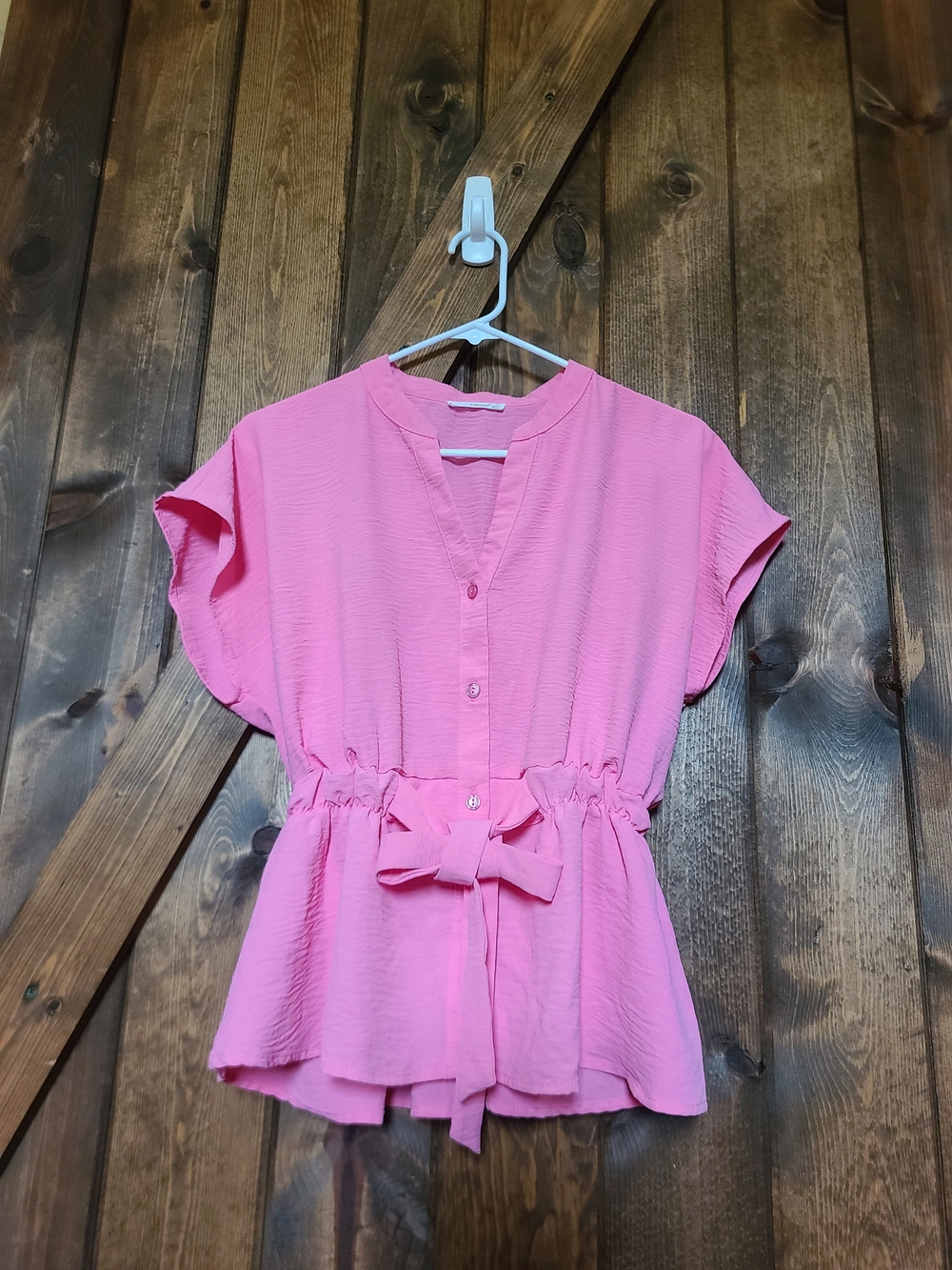 Timing Pink Split-Neck Tunic Tie Waist Blouse Size S Peplum Button Front Top